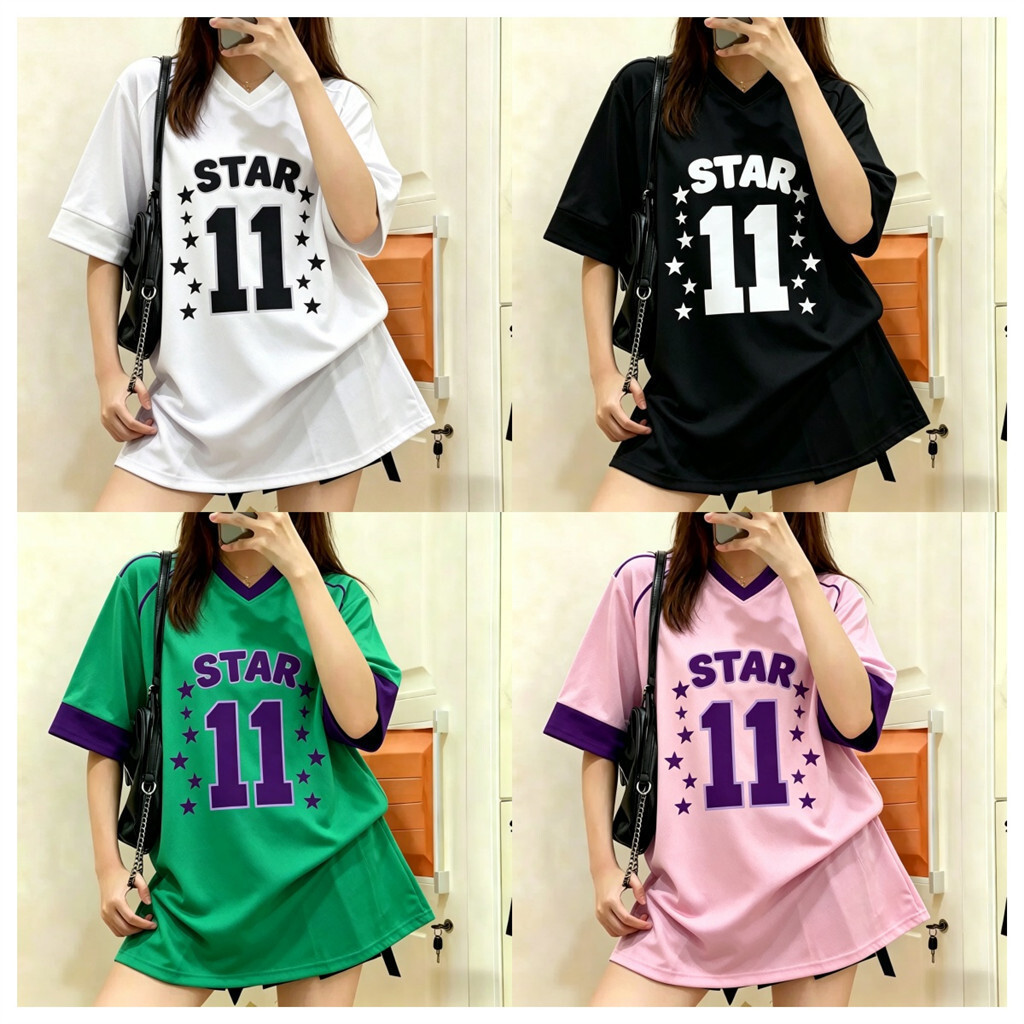 Star Pattern Oversized V‑Neck Jersey Tee,Unisex Loose Short‑Sleeve Quick‑Dry Street Sports T‑Shirt