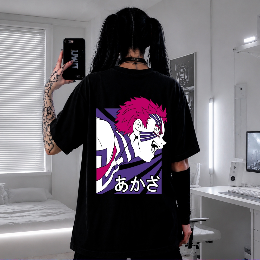 Camiseta Anime Demon Slayer Akaza Oni Rosa Oversized Premium Streetwear Casual Academia Treino