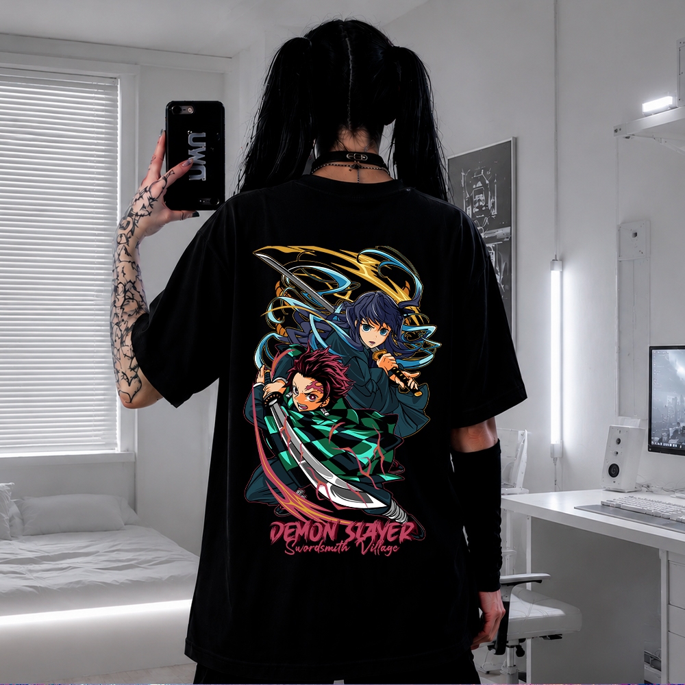 Camiseta Anime Demon Slayer Tanjiro Muichiro Oversized Premium Streetwear Casual Academia Treino