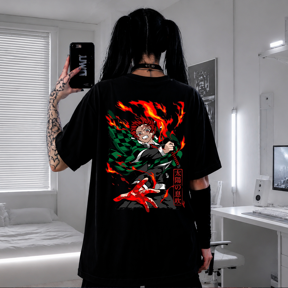 Camiseta Anime Demon Slayer Força do Fogo Oversized Premium Streetwear Casual Academia Treino