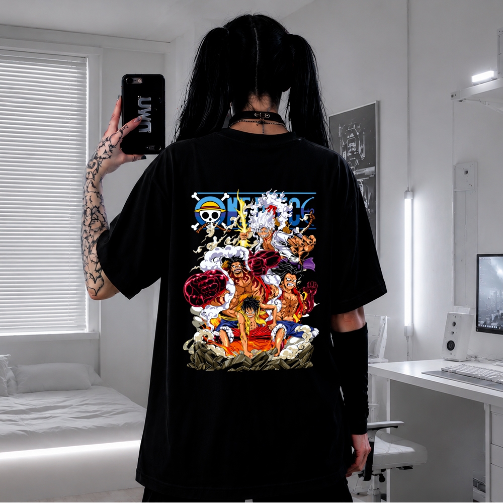 Camiseta Anime One Piece Luffy Evolution Oversized Premium Streetwear Academia Casual