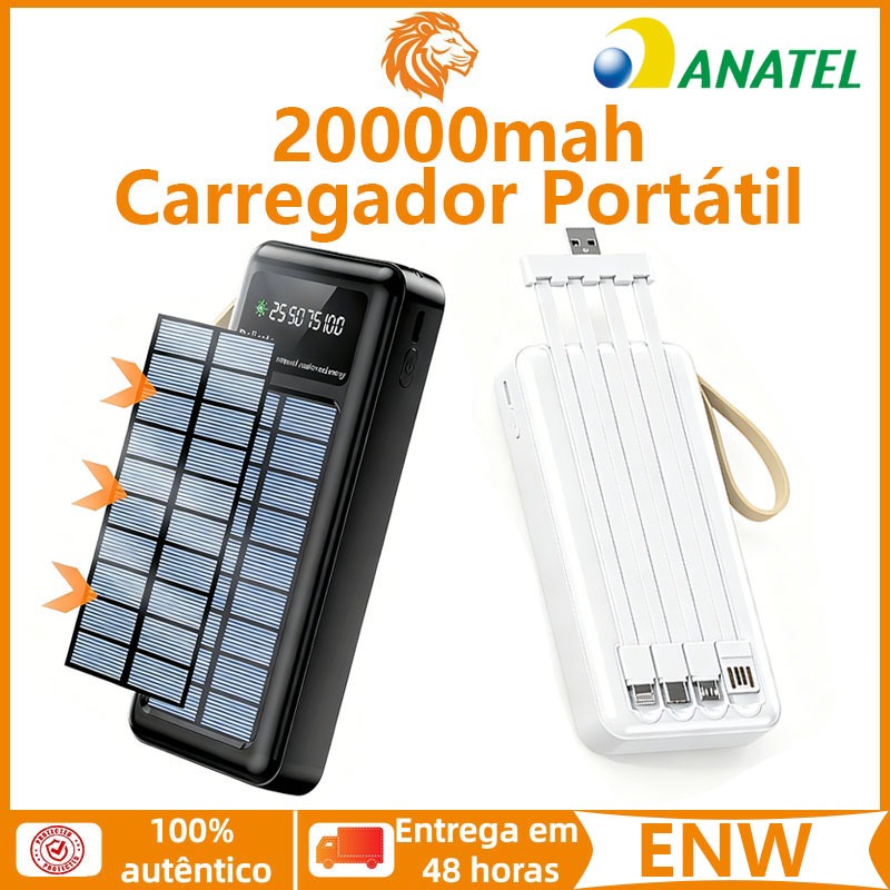 Carregador Portátil Power Bank Solar 20000mah Com cabos 5 Em1 LED lanterna e Compatível iOS/Android