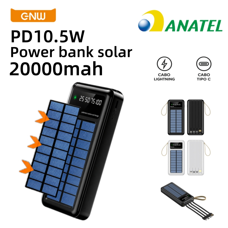 Power Bank Solar Y180 20000mAh 10.5W com 4 Cabos Embutidos Carregador Portátil com Painel Solar Disponível Preto Branco
