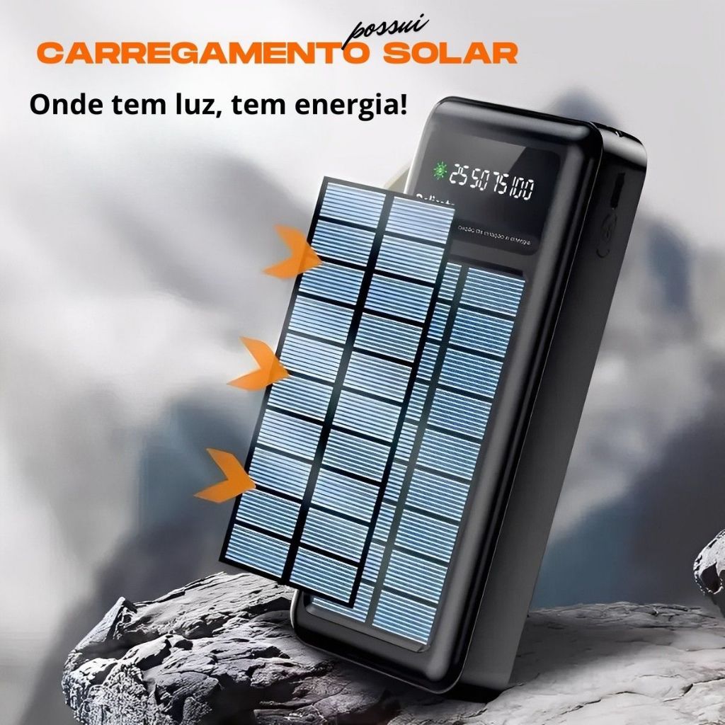 Turbo Power Bank Solar 20000mah 5 em 1 com Lanterna e Cabo USB Integrado