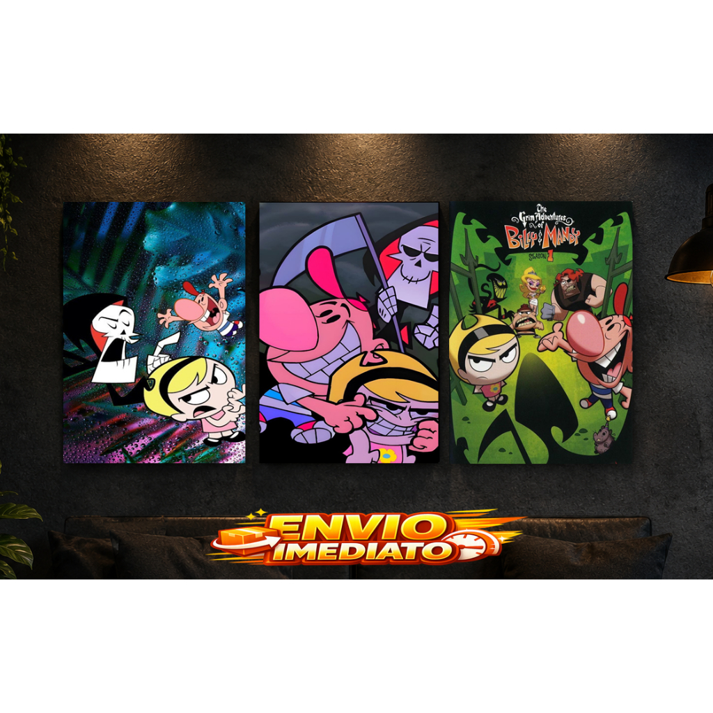 Kit 3 Quadros Billy e Mandy 20x28cm MDF Alta Qualidade + Dupla Face Premium desenho série geek anime games jogos decorar
