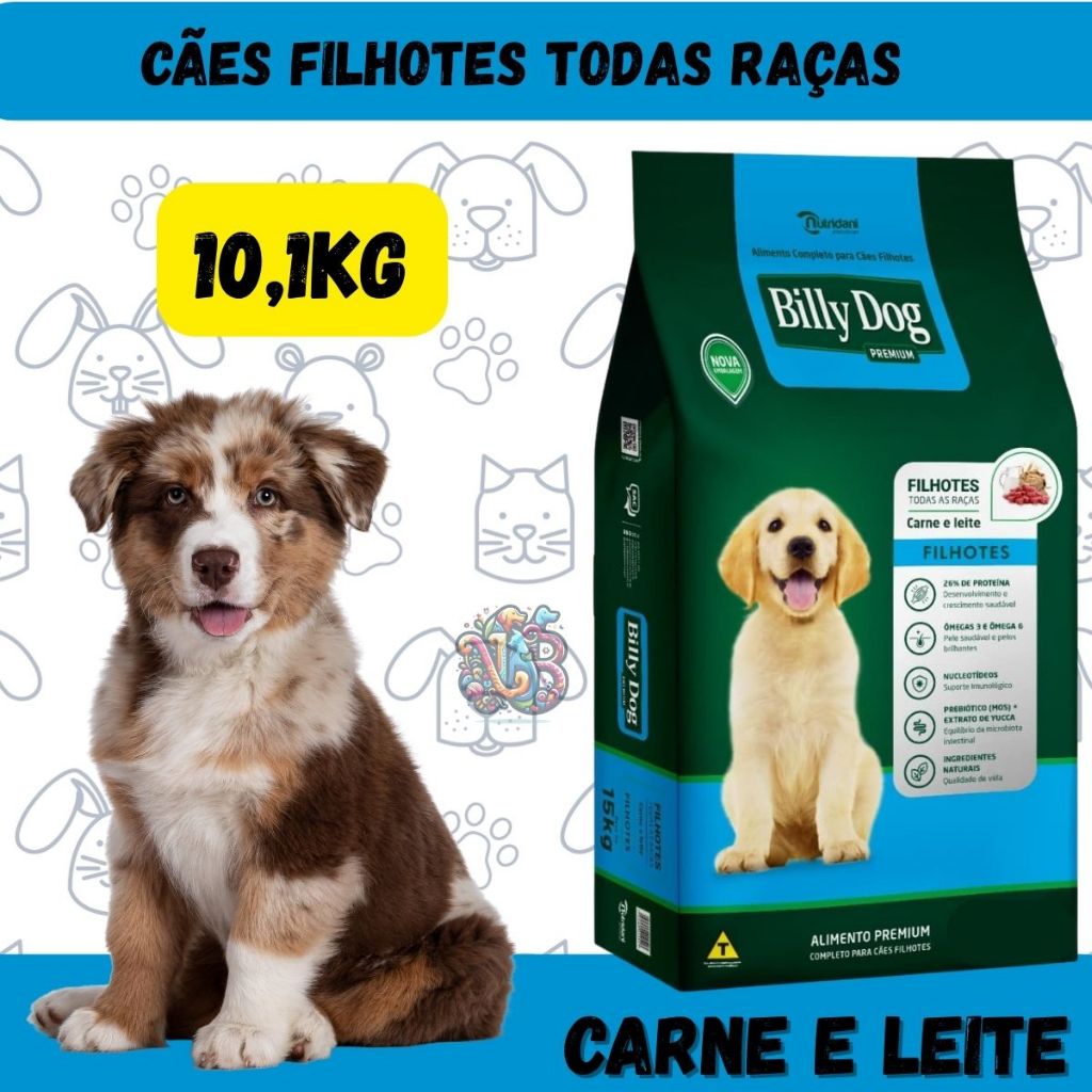 Billy Dog Ração Premium Cães Filhotes Carne e Leite 10,1Kg