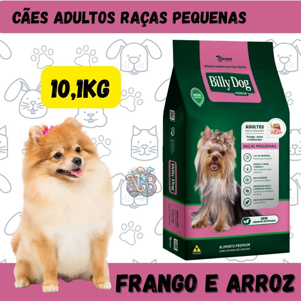Billy Dog Ração Premium Cães Adultos Raças Pequenas Frango e Arroz 10,1Kg