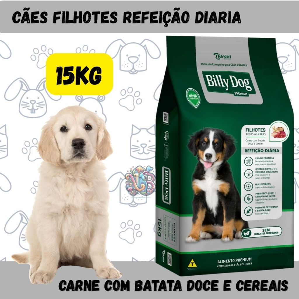 Billy Dog Ração Premium Cães Filhotes Refeição Diaria Carne Cereais Batata Doce 15Kg