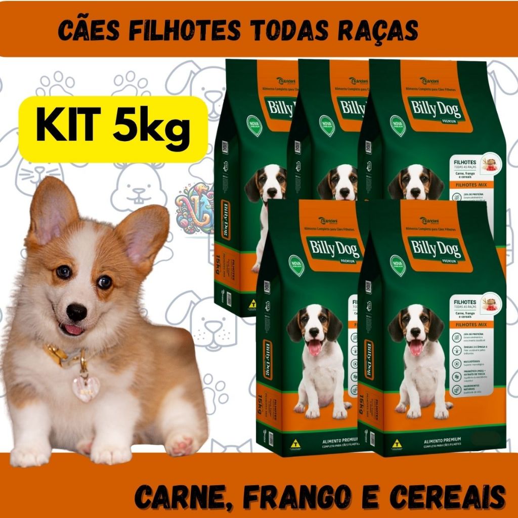 Billy Dog Ração Premium Cães Filhotes Mix Carne Frango e Cereais 5Kg