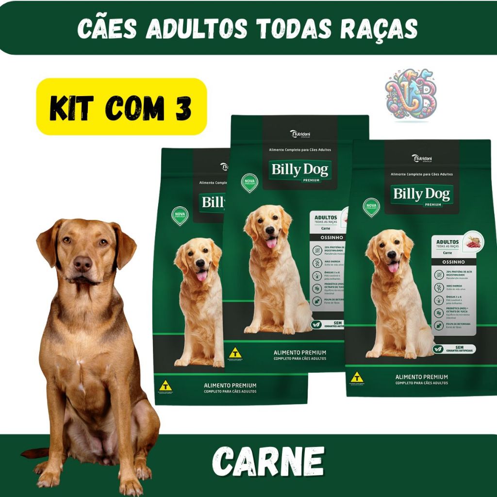 Billy Dog Ossinho Ração Premium Cães Adultos Carne 3kg
