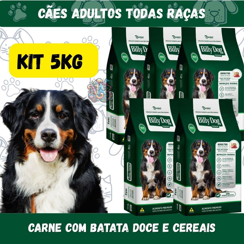 Billy Dog Ração Premium Cães Adultos Refeição Diária Adultos Carne Cereais Batata Doce 5kg