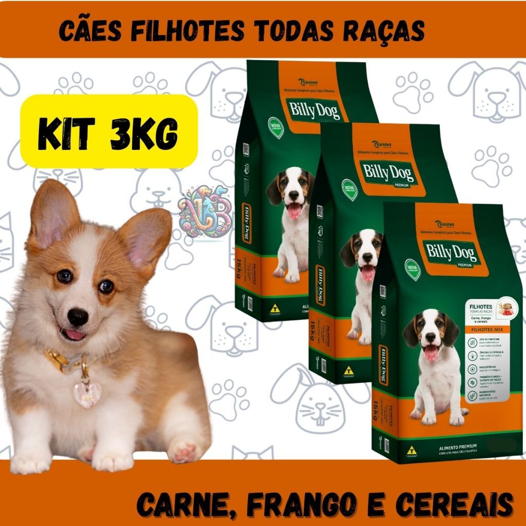 Billy Dog Ração Premium Cães Filhotes Mix Carne Frango e Cereais 3Kgs