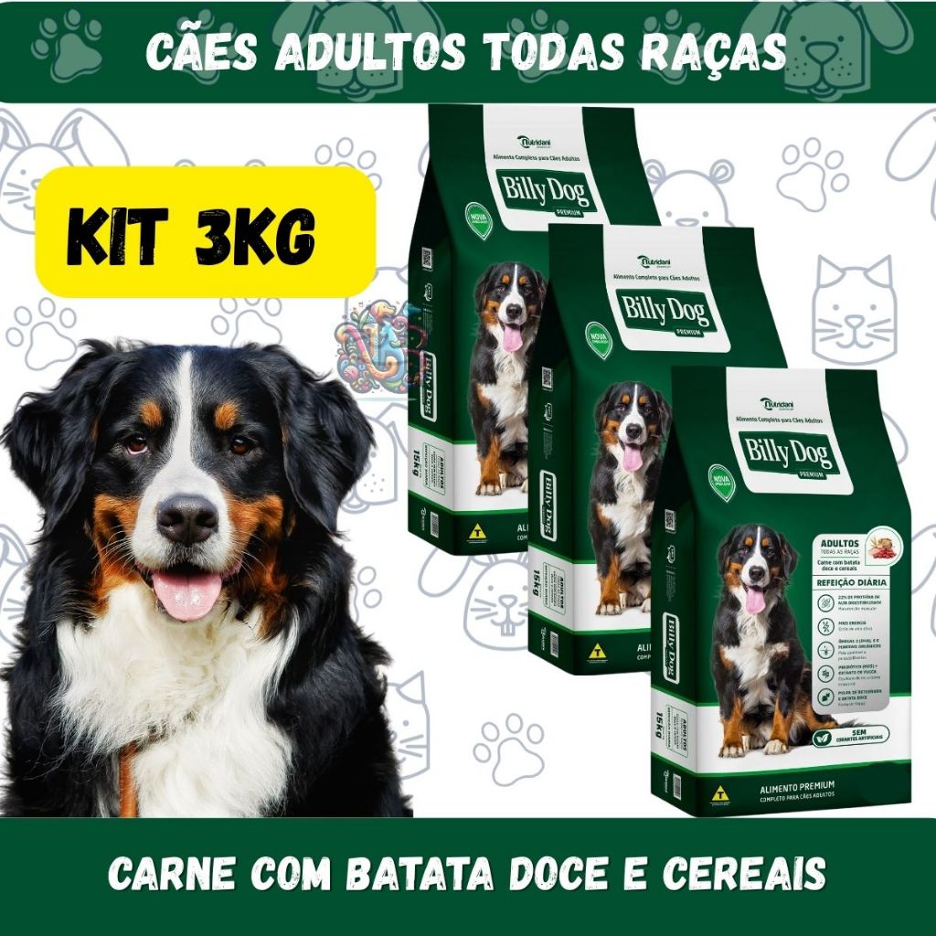 Billy Dog Ração Premium Cães Adultos Refeição Diária Adultos Carne Cereais Batata Doce 3kg