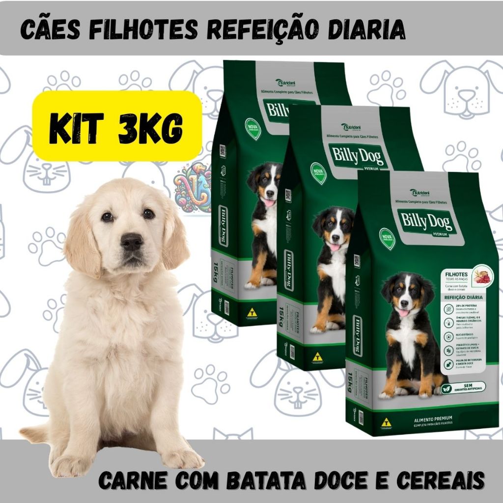 Billy Dog Ração Premium Cães Filhotes Refeição Diária Carne Cereais Batata Doce 3kg
