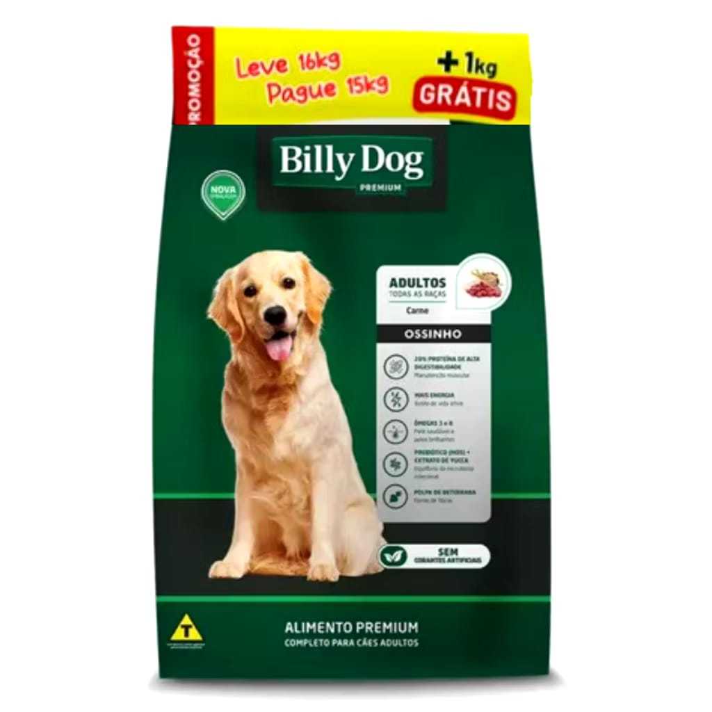 RAÇÃO BILLY DOG  PREMIUM ADULTOS OSSINHO CARNE 15KG + 1KG GRÁTIS EDIÇÃO ESPECIAL
