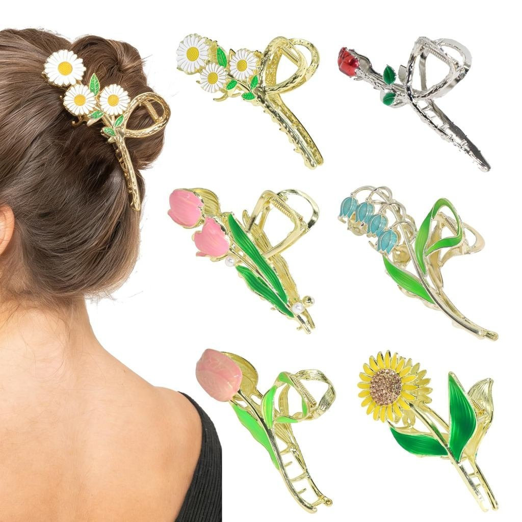6 Pcs Flower Claw Clips for Women，Cute Hair Clips Large Strong Metal Butterfly Tulip Flower Hair Clips for Women Thick T