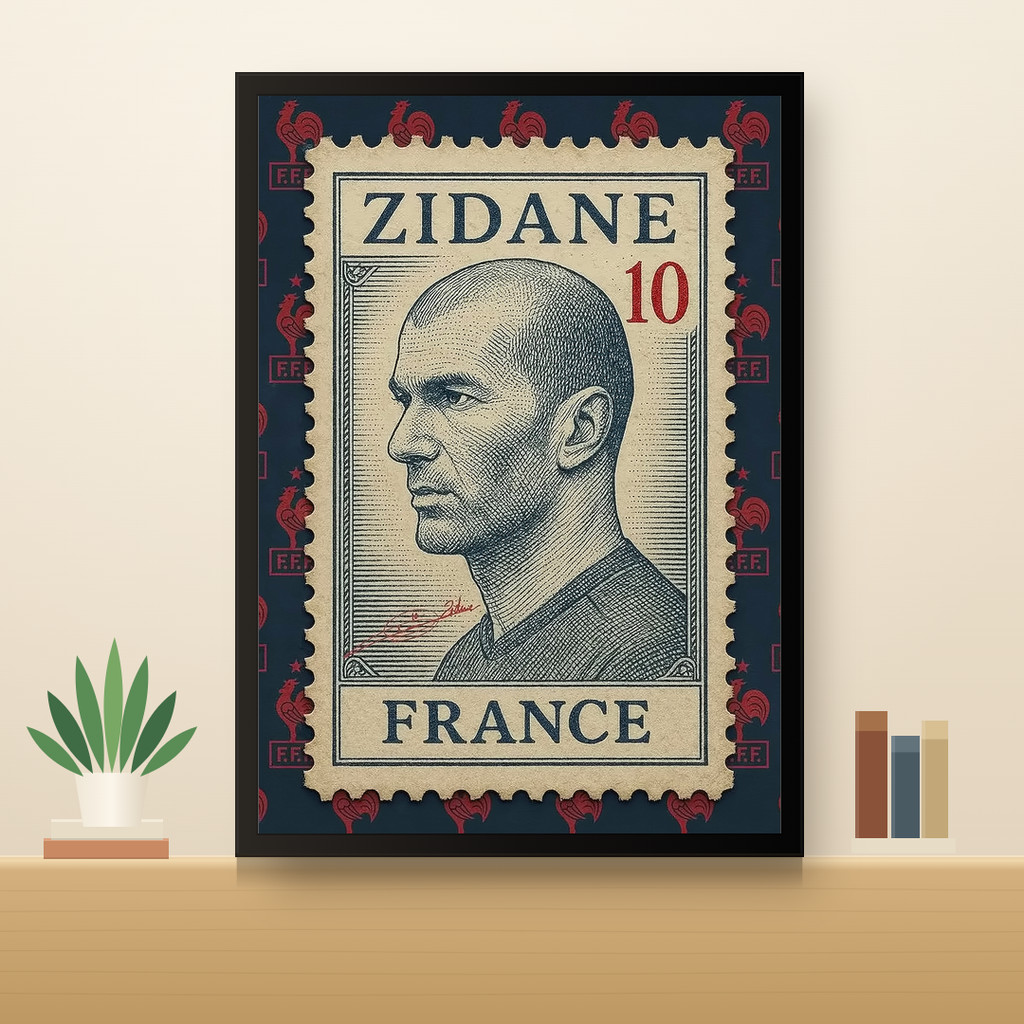 Quadro Zidane Selo Postal Vintage França Camisa 10 Futebol Decorativo A3 A4