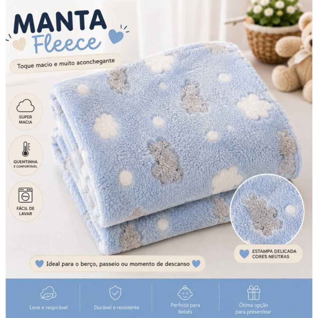 Manta Fleece Bebê Macia e Confortável | Cobertor Infantil para Berço, Carrinho e Maternidade