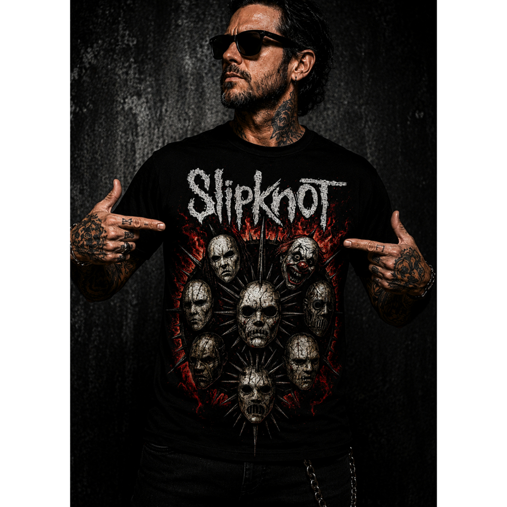Camiseta Masculina Rock Heavy Metal Estampa Máscaras Horror Style Oversized Preta Streetwear Premium