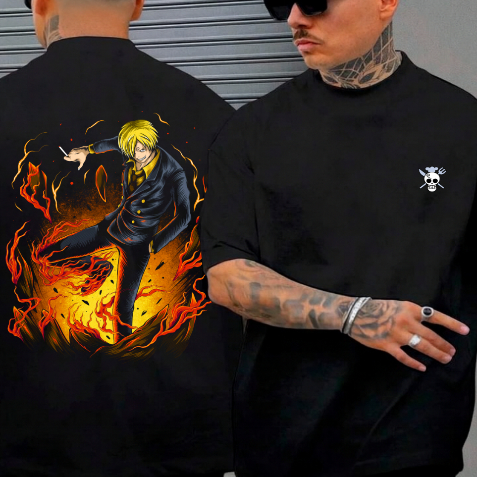 Camiseta Anime One Piece Sanji Fogo Half Tone Oversized Premium Streetwear Casual Academia Treino