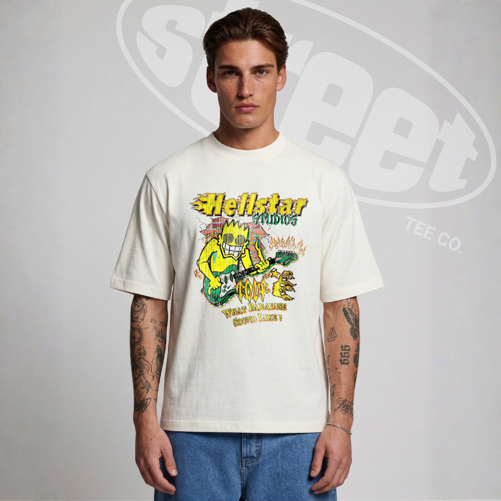 STREET High Hellstar Vintage Guitar Fire Casual Gola Redonda Casual Algodao