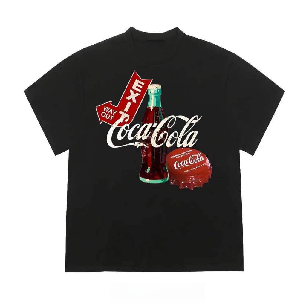 Camiseta Algodão Puro Manga Curta Coca-Cola Impressão High-End Solto All-Match Estilo Básico-Street