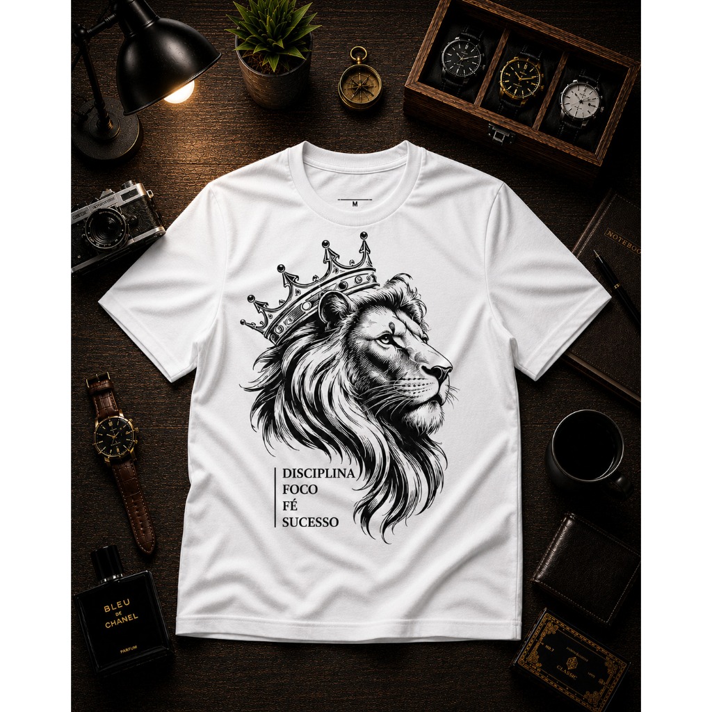 Camiseta Unissex Leão Rei Coroa Estilo Luxury Casual Algodão Premium Varias Cores