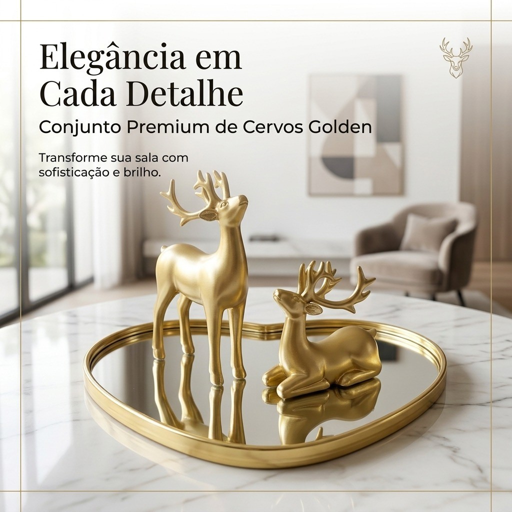 Conjunto Decorativo Luxury: Par de Cervos Dourados em Resina com Bandeja de Espelho Premium