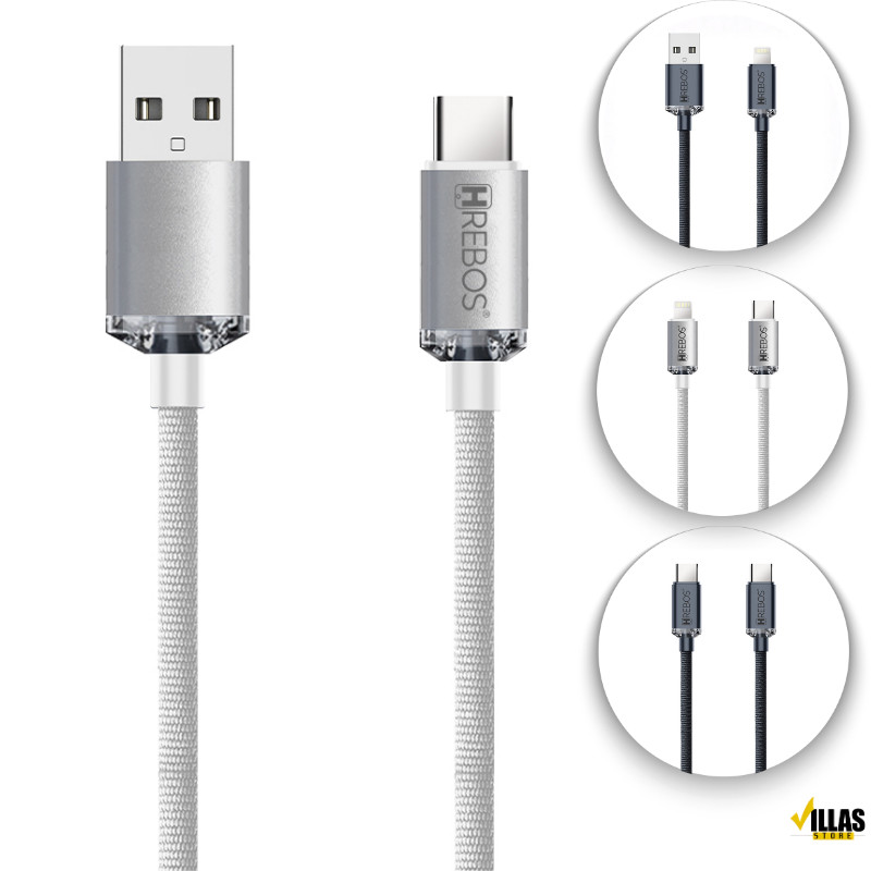 Cabo de Celular Hrebos Luxury Acrylic Tipo-C / Lightning Reforçado Premium 1m e 2m