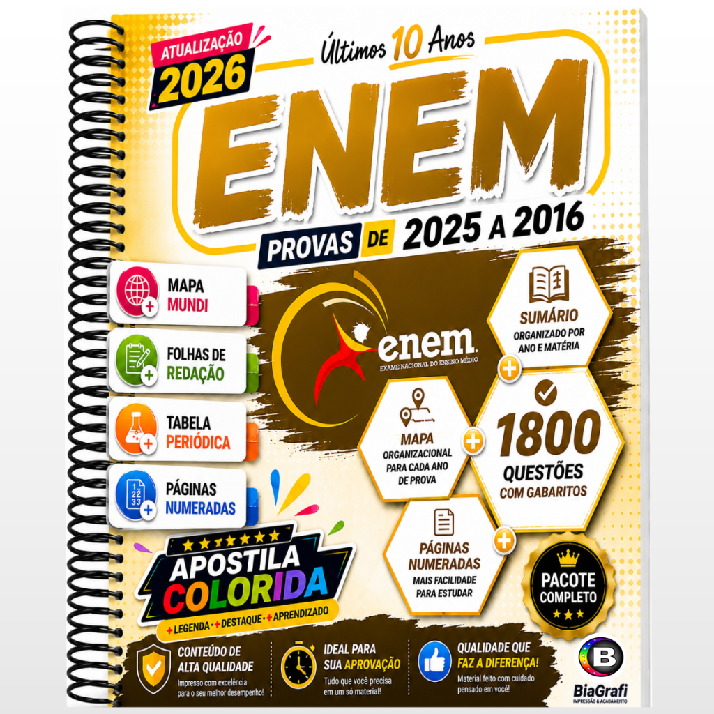 Apostila Enem 2026 Provas E Gabaritos dos Últimos 10, 5 ou 3 anos Com Gabarito Oficial Enem