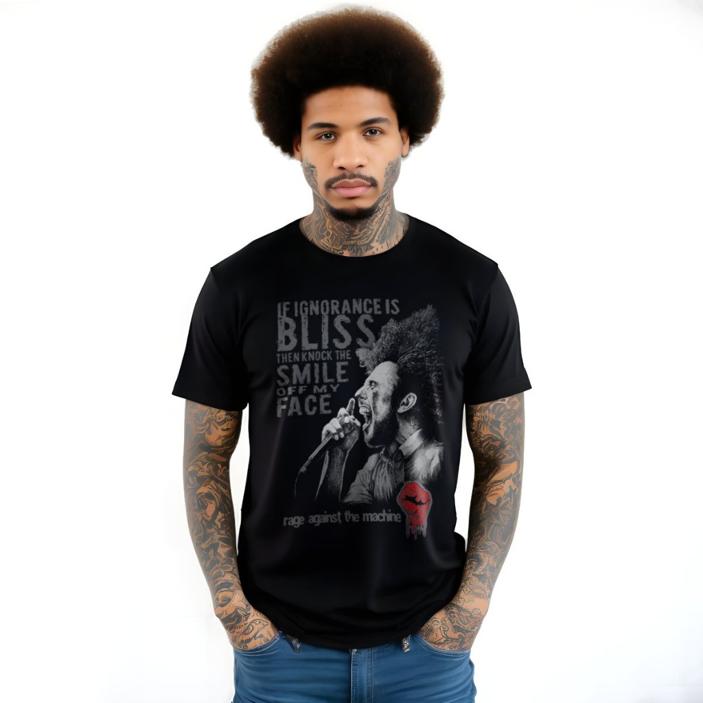 Camiseta Preta Banda Rage Against the Machine If Ignorance Is Bliss Bomber Rock