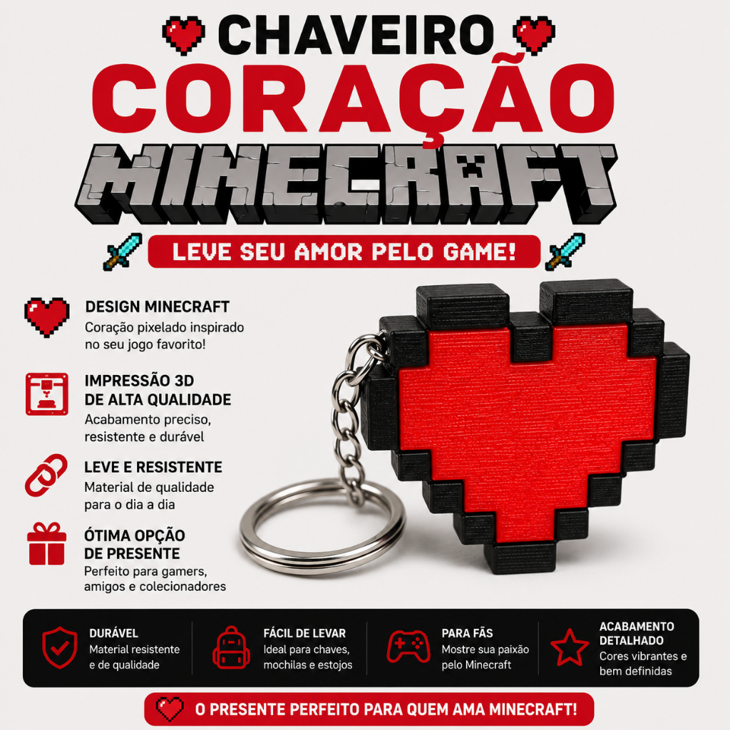 Chaveiro Coração Minecraft – Pixel Art | Impressão 3D