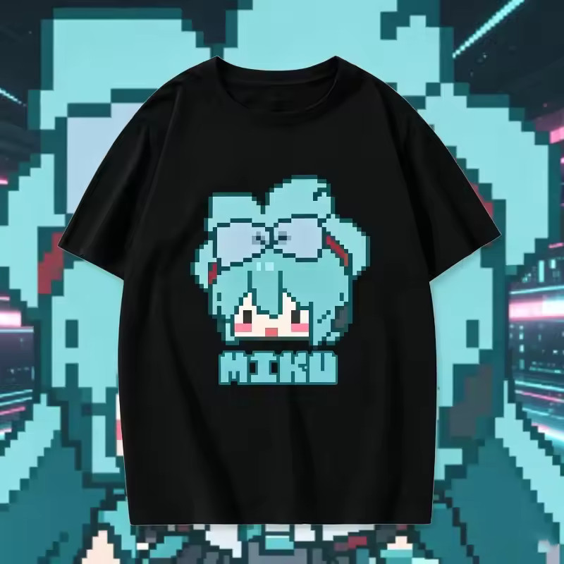 Camiseta Masculina Feminina Oversized Estampa Hatsune Miku Pixel Art Letras MIKU Camiseta Streetwear Anime Vocaloid