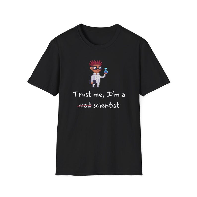 Camiseta Masculina Feminina Oversized Estampa Cientista Pixel Art Frase Trust Me I'm a Mad Scientist T-shirt Streetwear