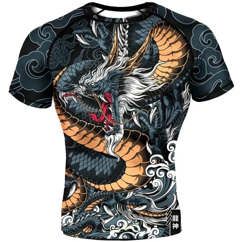 Dragon Pattern Masculino 3DPrinted Secagem Rápida Respirável SportsTShirt Boxe Brasileiro JiuJitsu Team Training F