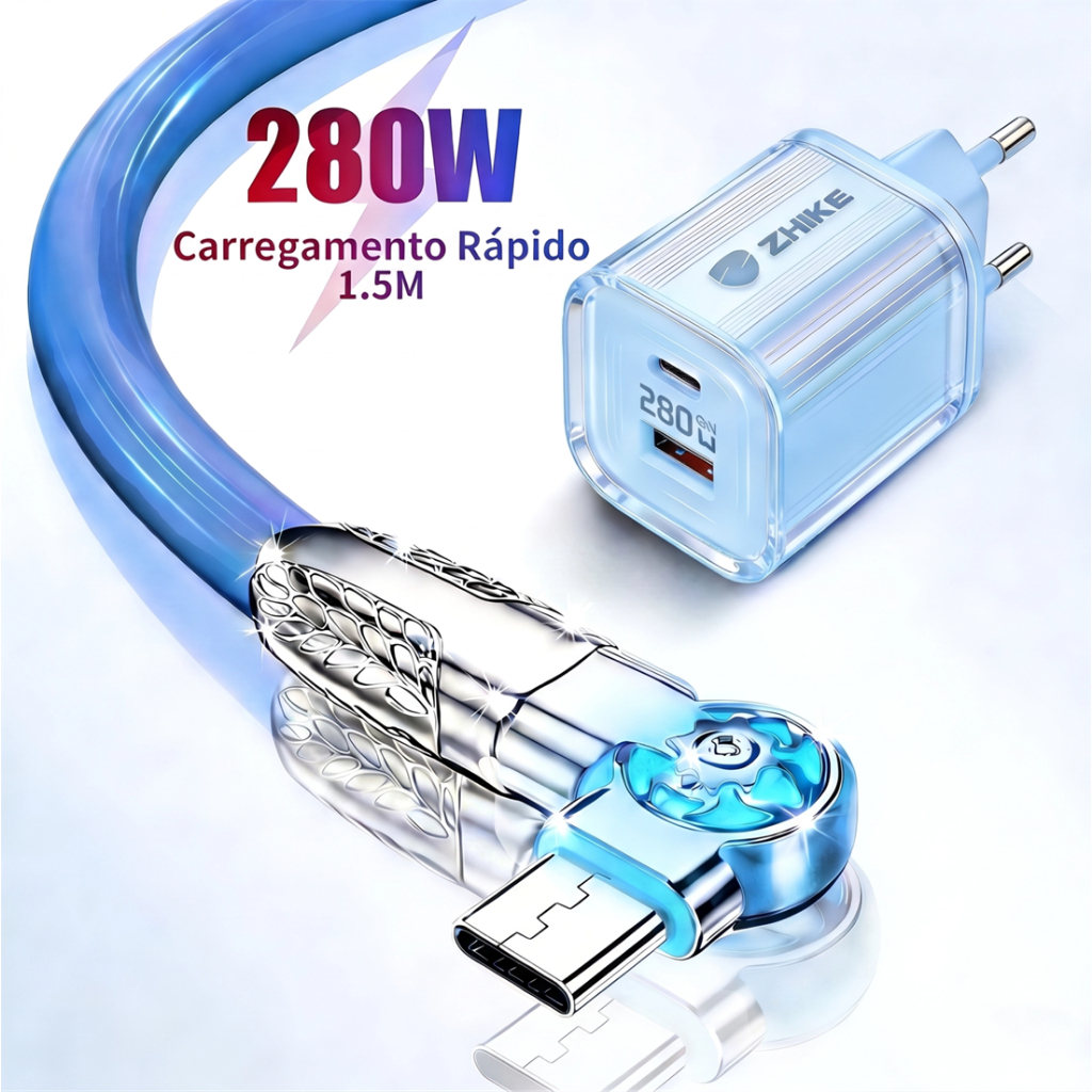 Cabo de Dados Roda de Fogo Rotação Unica Carregador 240W 280W Carregamento Rápido Tipo C Android 1,5 Metro