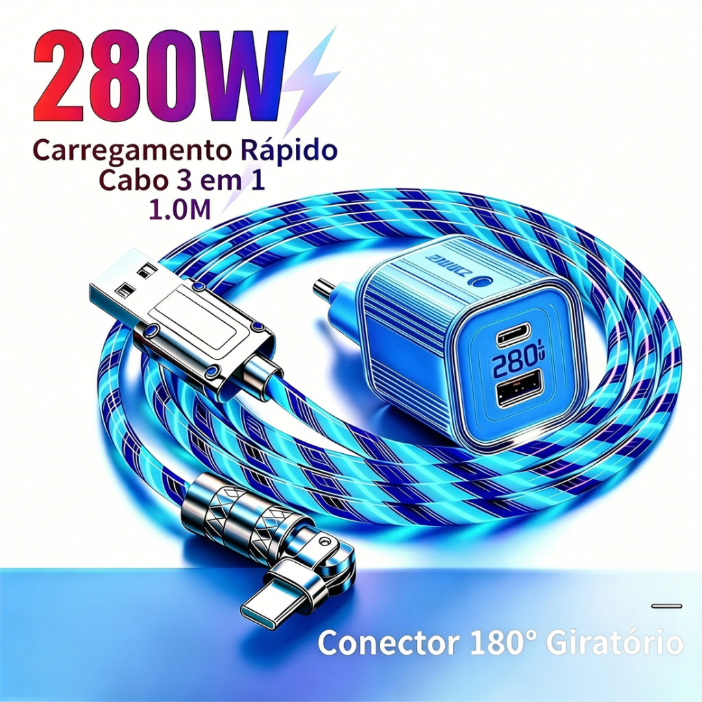 Cabo de Dados Iluminado Rotativo 240W 280W  6A Carregador Tipo C Micro V8 USB A Carregamento Rápido