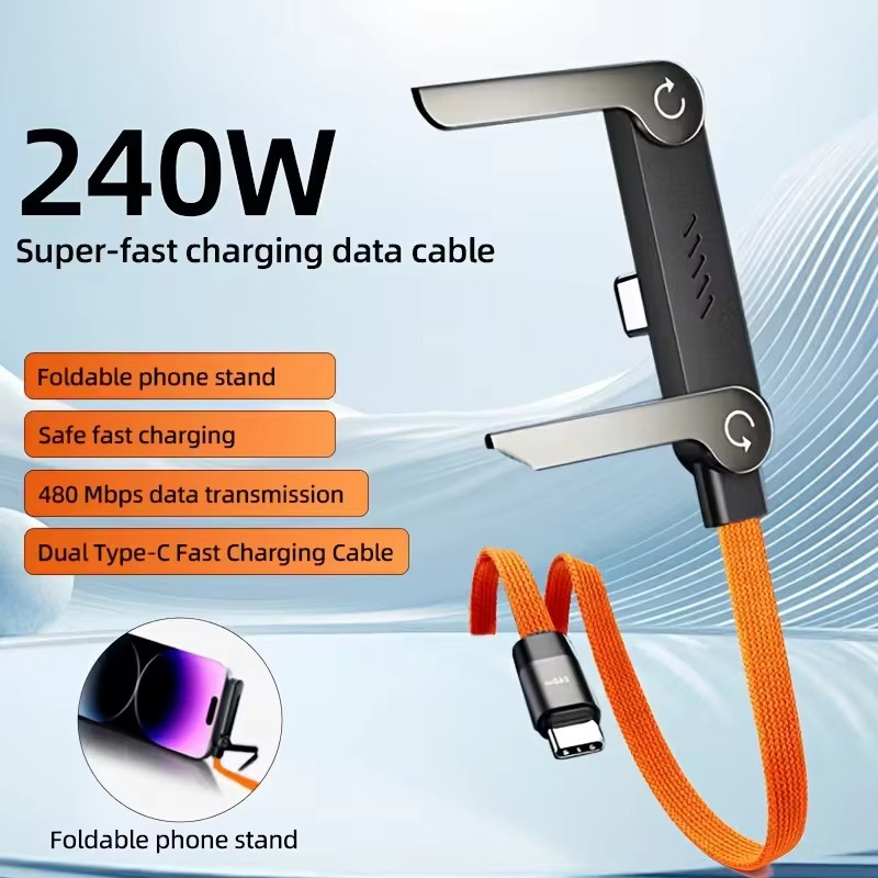 Cabo USB Tipo C de Carregamento Rápido 240W com Suporte Invisível para Telefone, Cabo Trançado em Nylon para VEJI