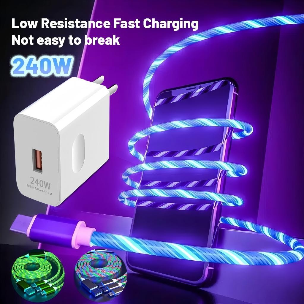 Kit Cabo De Carregamento Rápido USB Tipo C Paro iPhone 240W 1.2M iOS Android Brilhante Led Luz