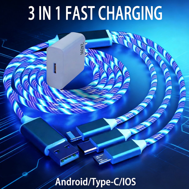 Carregador Rápido 240W Com Cabo USB De Luz De Fluxo LED 3 Em 1 Para Cabos De Carregamento Micro IOS Streamer Tipo-C NKca