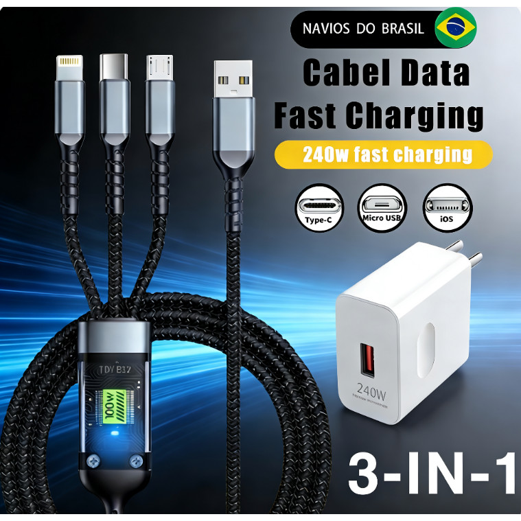 3 Em 1 Cabo Trançado Carregador Super Rápido 240W Adaptador USB Para Android Tipo C Adaptadores Micro IOS NKcase