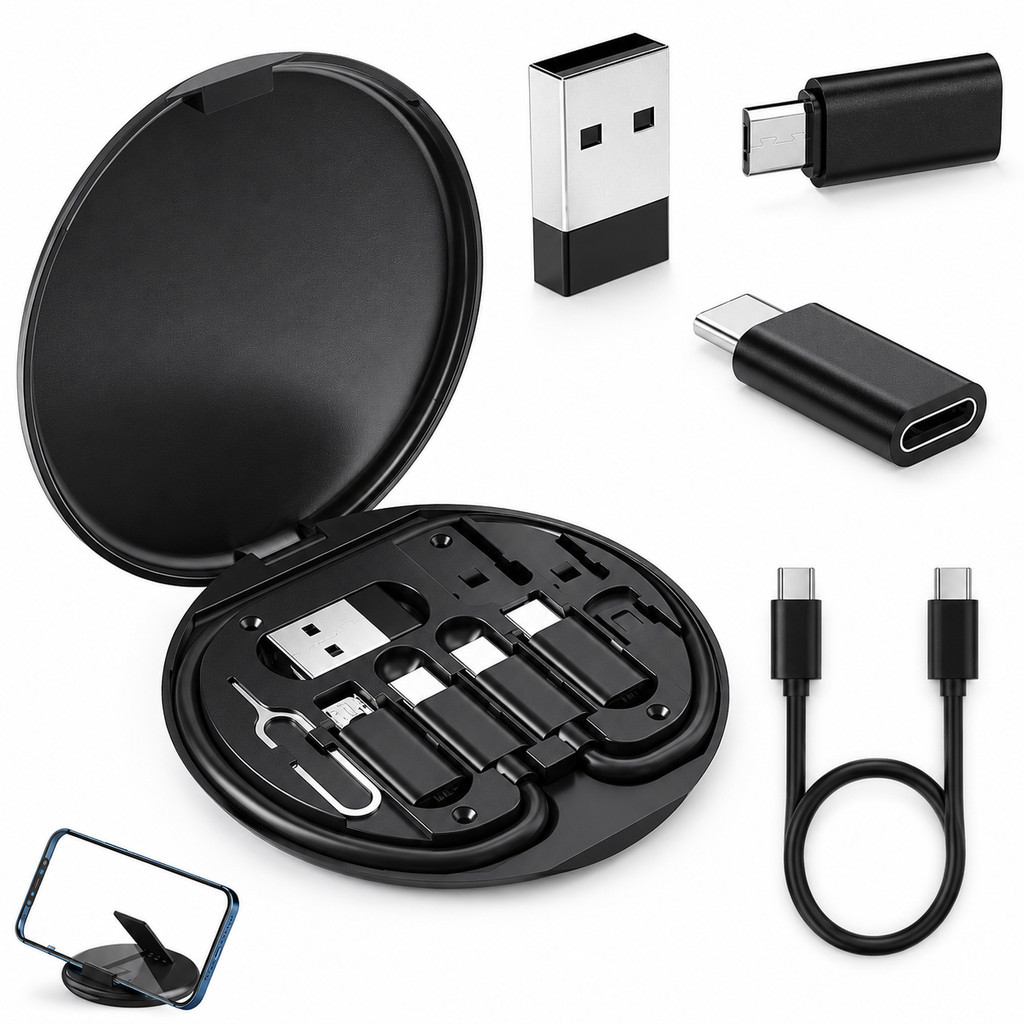 Kit Cabo Dados 5 em 1 USB Tipo C Lightning Micro USB 60W com Caixa Organizadora