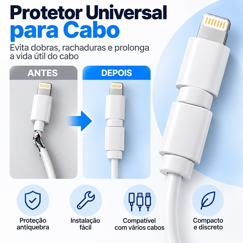Protetor de Cabo Universal, Evita Quebras e Desgaste, Compatível com Type-C, Lightning e Micro USB