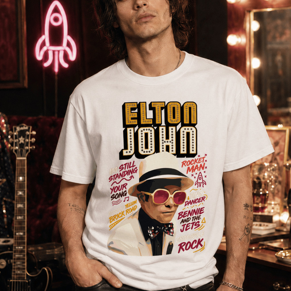 Camiseta Elton John Música Pop Show Rock Vintage Aesthetic Rocket Man Piano Artista Street Style 100% Algodão