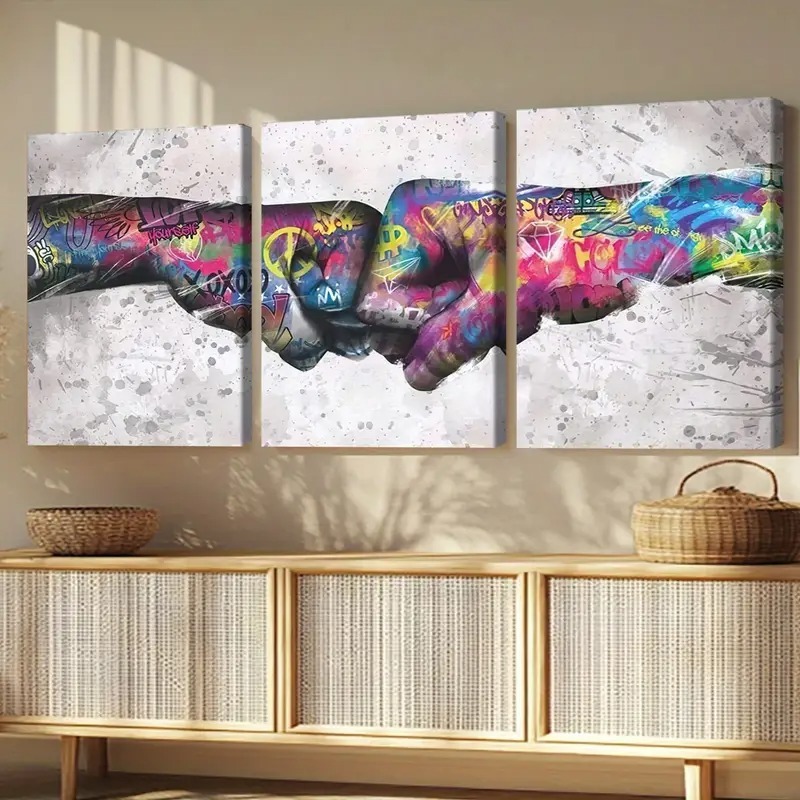 KIT 3 Quadros Graffiti Street Art Punhos | Decoração Sala Pop Art Urbano Colorido
