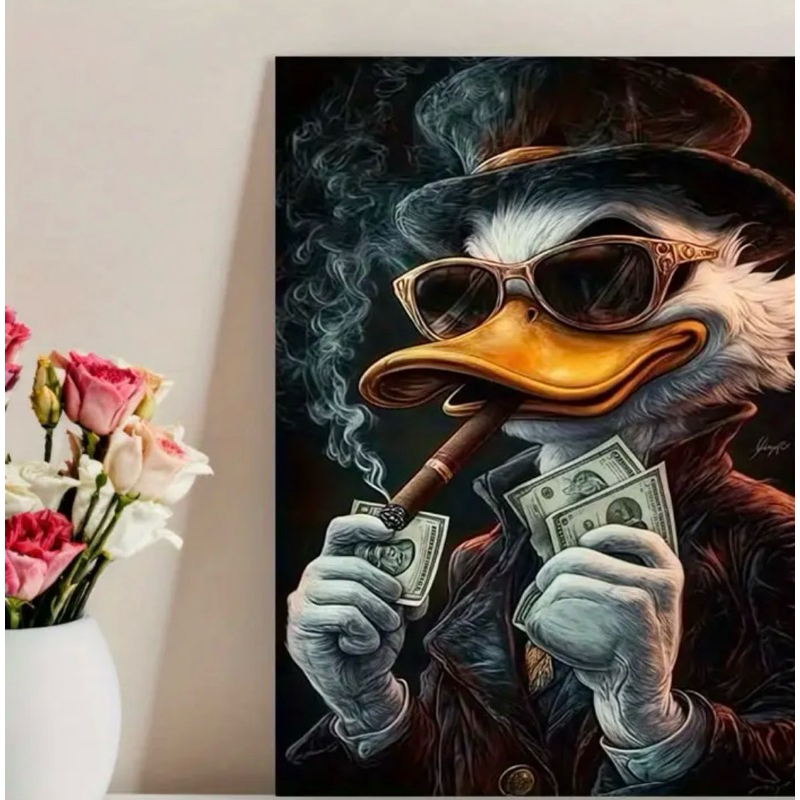 Quadro Decorativo Pato Rico Charuto Dinheiro Estilo Street Art Pop Art