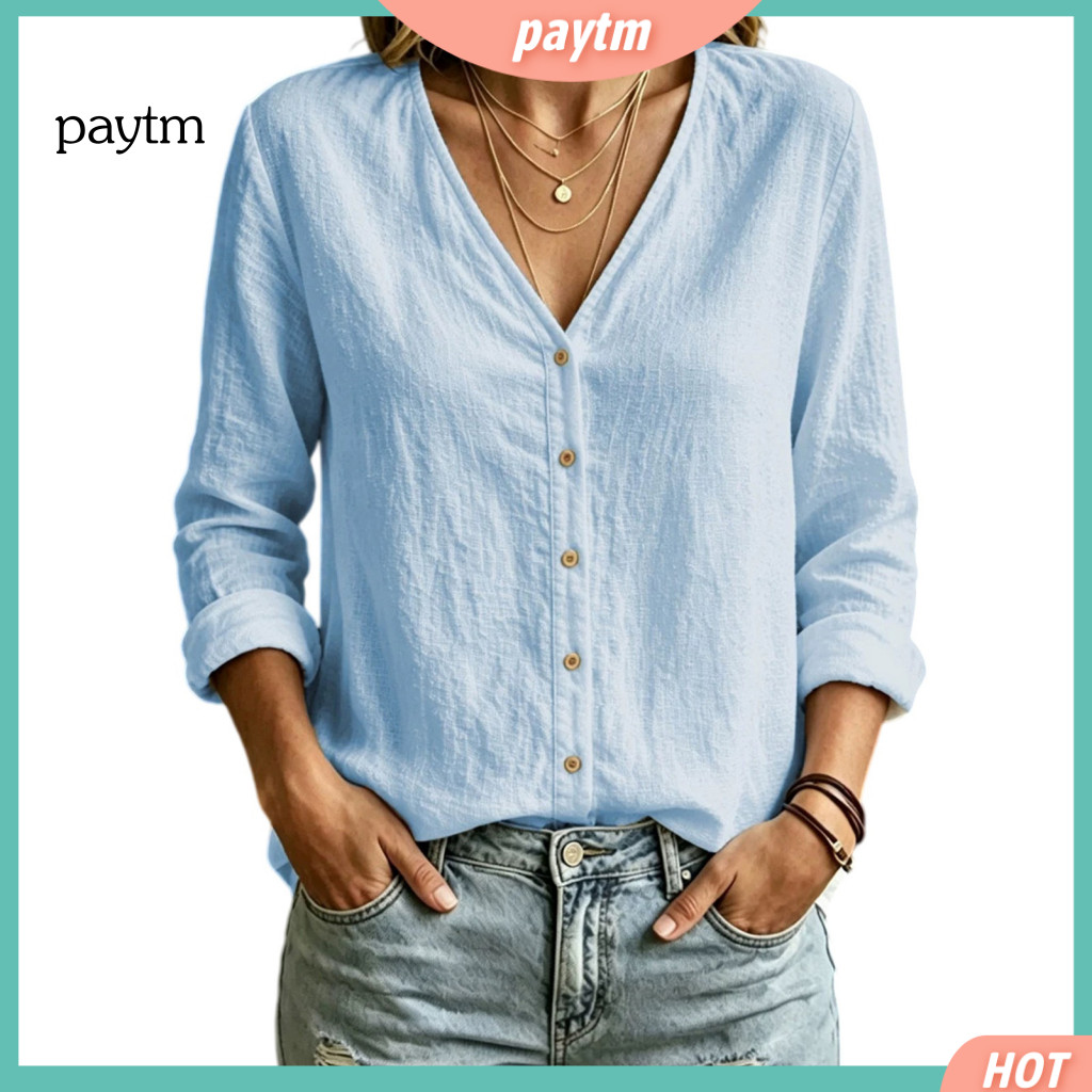 Long Sleeve Button Blouse Women’s V-neck Cotton Linen Breathable Loose Fit Front Shirt Solid Color Top for Early Autum