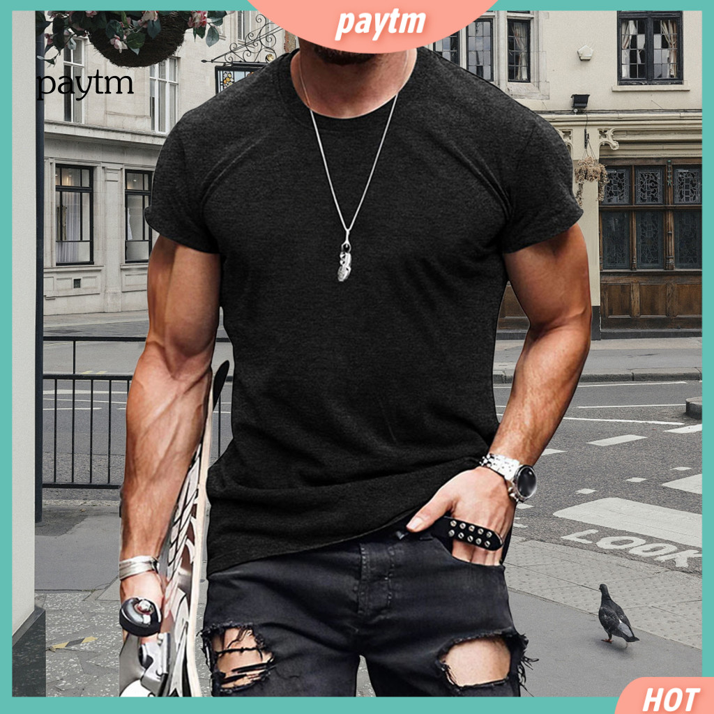 Comfortable Men Top Cotton Blend T-shirt Men’s Vintage Solid Color Short Sleeve Round Neck Summer Tee for Sports Gym S