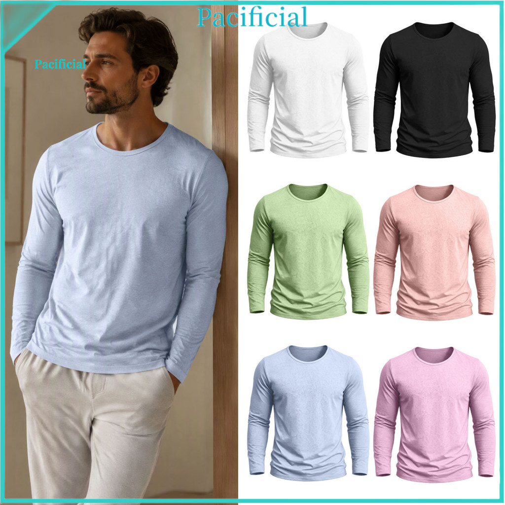 Casual Round Neck Tops Simple Fashion Inner Wear Men's Long Sleeve Cotton Linen Shirt Breathable Solid Color Crewneck Ba