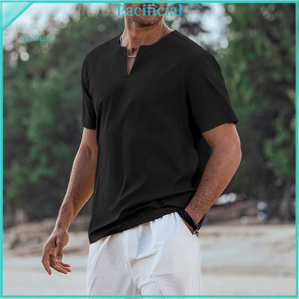 Men Casual T-shirt Men's Summer Solid Color V-neck Short Sleeve Breathable Cotton Linen Beach Top Lightweight Pullover f